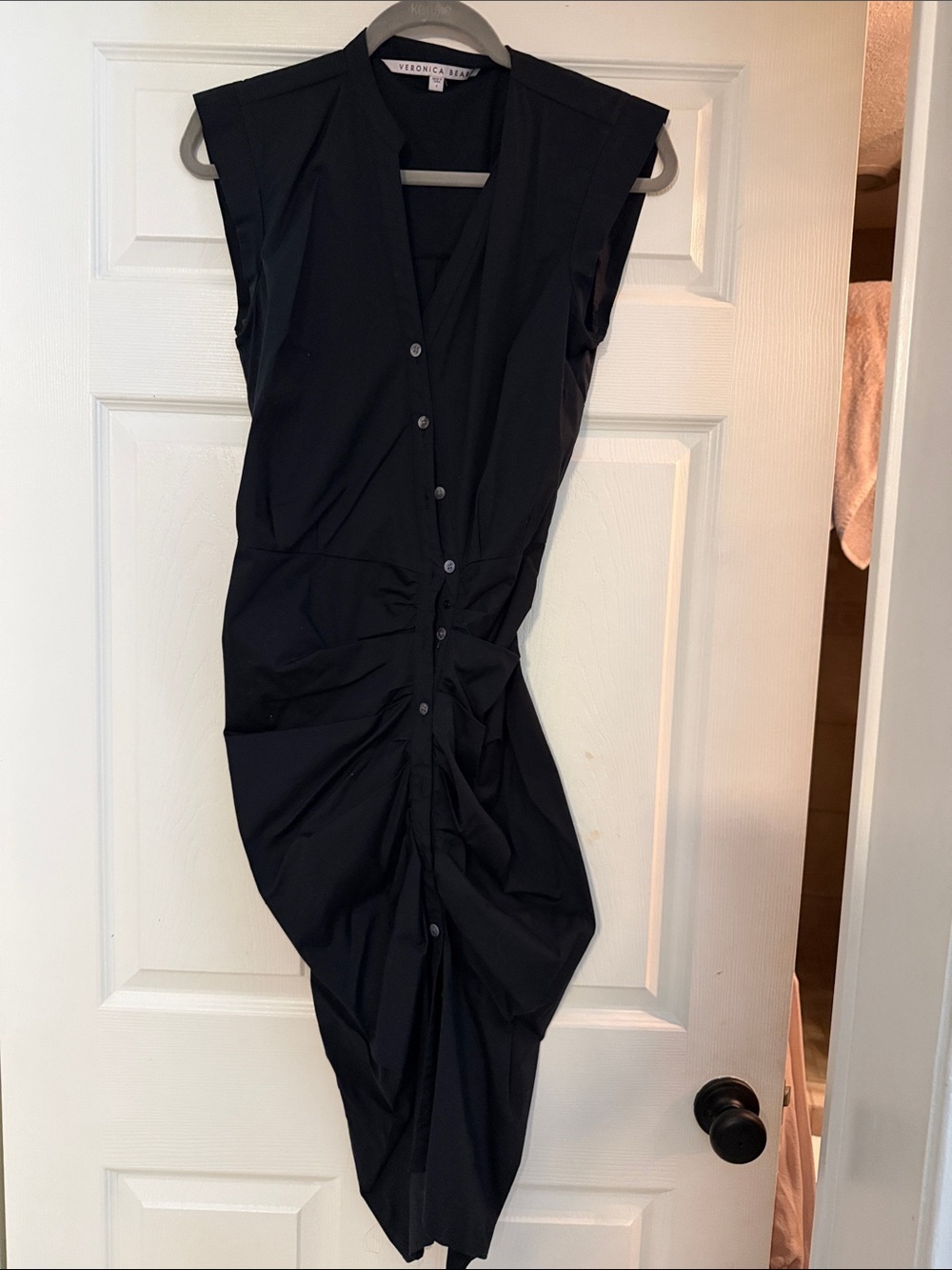 Veronica Beard Black Ruched Button-Front Midi Dress
